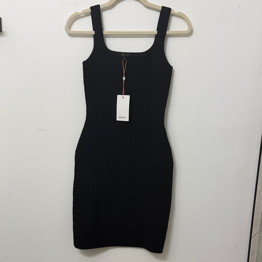 NWT Quince Black Ribbed Square-Neck Mini Dress